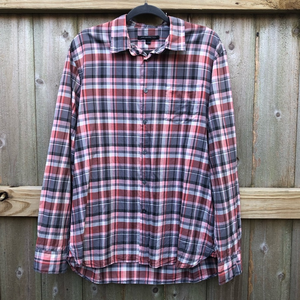 John Varvatos Men’s Plaid Button Down Shirt Size L Orange Red Gray Long Sleeve